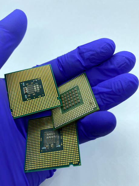 istock Three microprocessors kept in hand covered by glove closeup view isolated on white background 1370158183