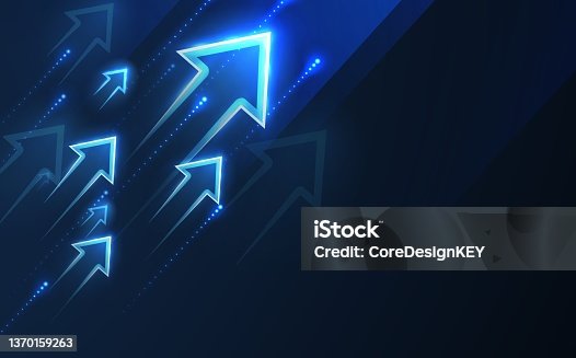 istock Up arrows on deep blue background space with one big arrow. 1370159263