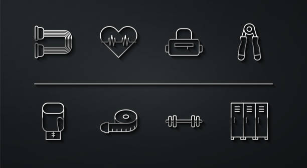 illustrations, cliparts, dessins animés et icônes de set line extenseur de poitrine, gant de boxe, sport, barbell, ruban à mesurer, fréquence cardiaque, vestiaire et icône de sac. vecteur - tape measure centimeter ruler instrument of measurement