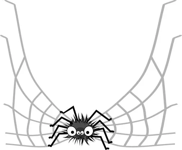 Vector illustration of Funny big-eyed cartoon shaggy black spider and web isolated on white background