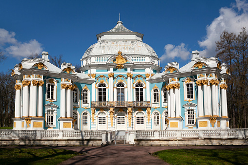 Pushkin, Saint Petersburg, Russia - May 9, 2021: Exterior of Hermitage Pavilion in the garden near Catherine Palace in Tsarskoye Selo, 30 km south of Saint Petersburg. It was the summer residence of the Russian tsars.