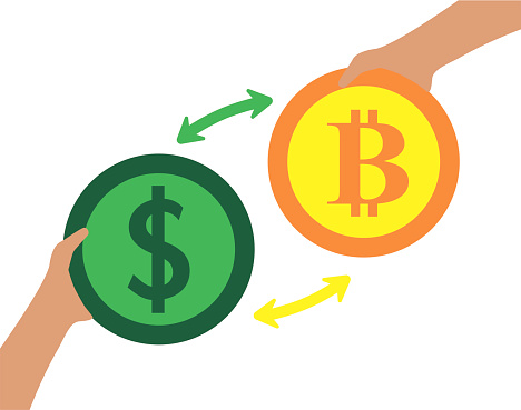 Two hands hold coins of green yellow color.Image of an exchange of dollar on bitcoin and back on a white background. Vector illustration.