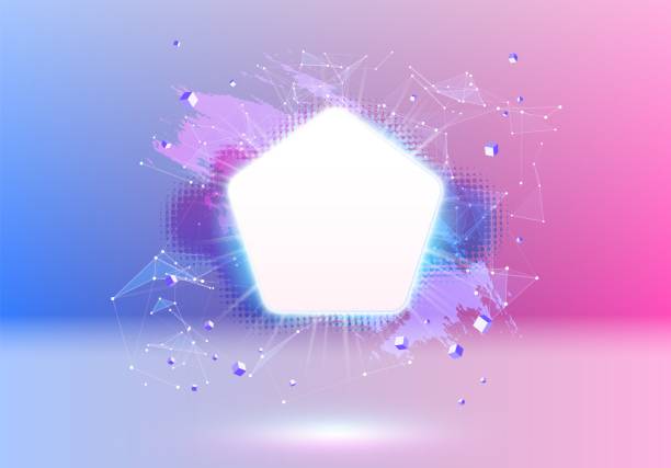 istock Abstract pink and blue vaporwave styled background with shiny neon frame, brush stroke, halftone blot and  triangular dotted grid. 1370160953