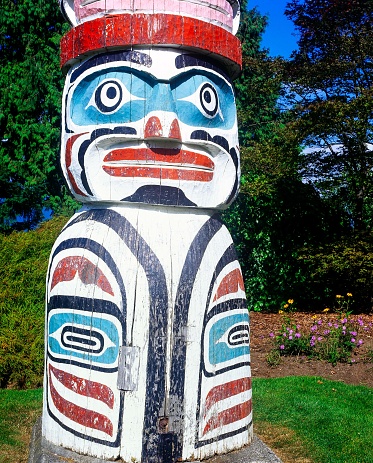Vancouver, Canada - May 2, 2012 : Lower section of a West Coast First Nation totem pole.