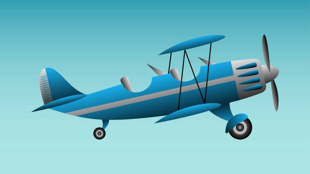 하늘에 파란색 빈티지 복엽비행기. 푸른 공기 배경 - airplane banner biplane retro revival stock illustrations