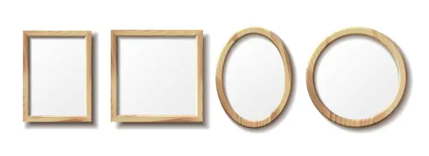 Vector illustration of Set of empty wooden picture frame different shapes.