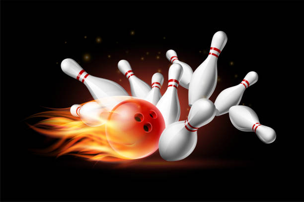 istock Red Bowling Ball in Flames crashing into the pins on a Dark Background. Illustration of bowling strike. 1370167834