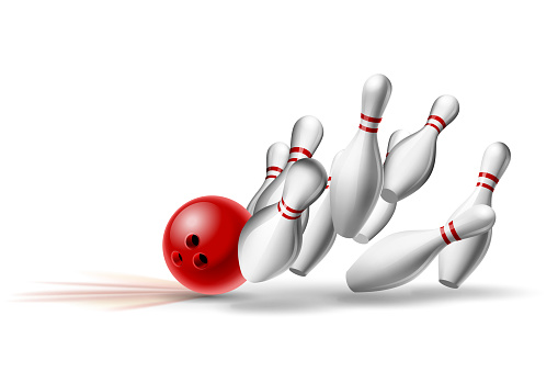 Red Bowling Ball crashing into the pins. Illustration of bowling strike isolated on white background. Vector Template for poster of Sport competition or Tournament.