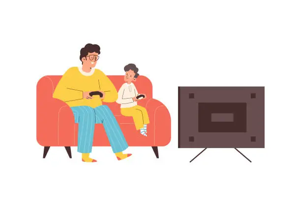 Vector illustration of Father and son playing video games together flat vector illustration isolated.