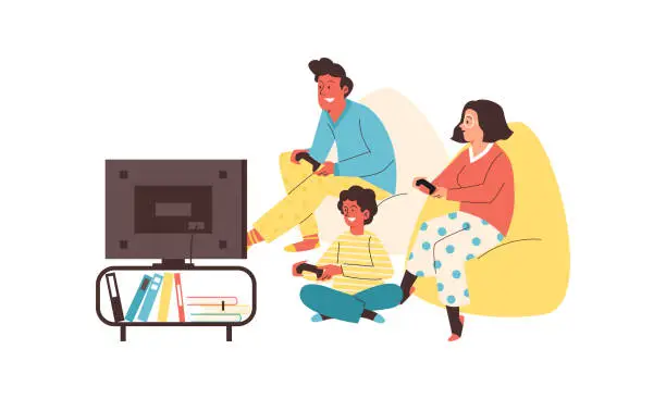 Vector illustration of Family playing video games on TV console, flat vector illustration isolated.