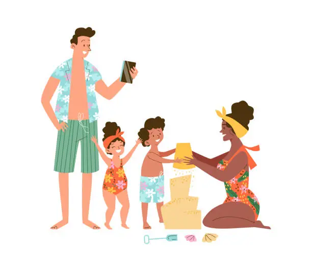 Vector illustration of Family playing with sand on the beach, cartoon vector illustration isolated.