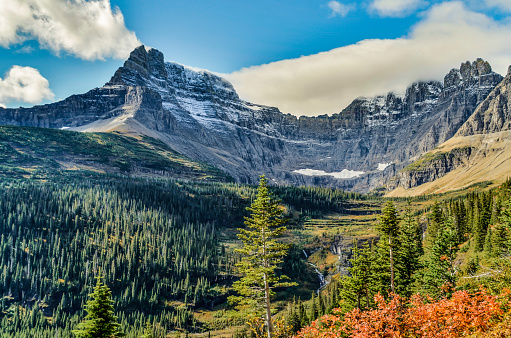Panoramic views of Mount Wilbur and Iceberg Peak in Glacier National Park with forests in the foreground