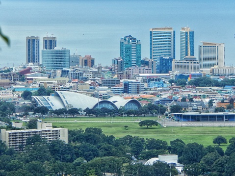 Port of Spain, Trinidad and Tobago- November 5, 2016: A panoramic view of the cityscape of Port of Spain, the capital city of Trinidad. Several iconic, modern and historical buildings and sites can be seen including the National Academy for Performing Arts, Hyatt, Central Bank of Trinidad and Tobago, Queen's Park Savannah, etc.