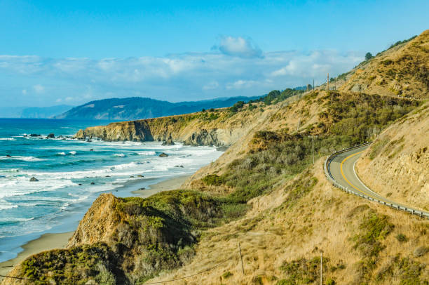 View of the Pacific coast in California with Highway 1 in the sunshine
