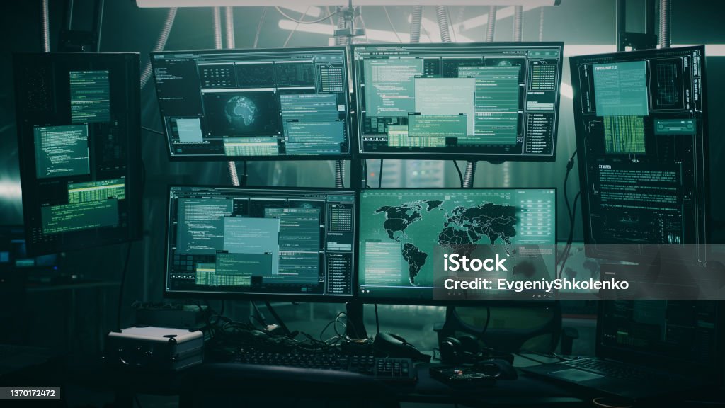 Computers With Code On Hacker Workplace Stock Photo - Download Image ...