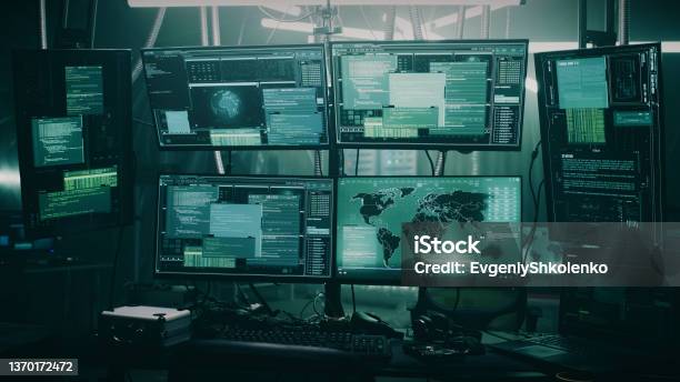 Computers With Code On Hacker Workplace Stock Photo - Download Image ...