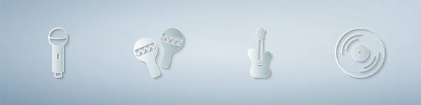 istock Set Microphone, Maracas, Electric bass guitar and Vinyl disk. Paper art style. Vector 1370173488