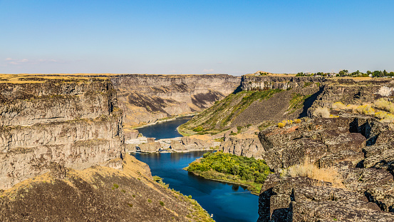 Panoramic views of the Snake River canyon at low tide in Twin Falls, Idaho