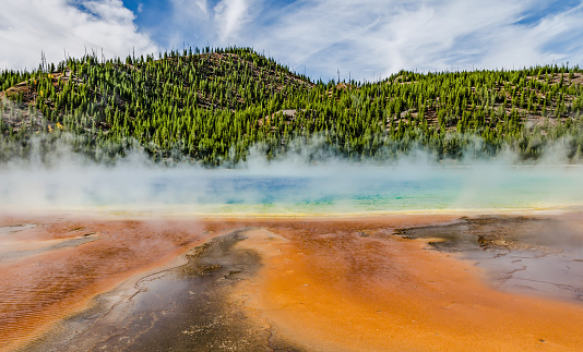 View of the bright colors and water vapor of the Grand Prismatic Spring hot spring in Yellowstone National Park