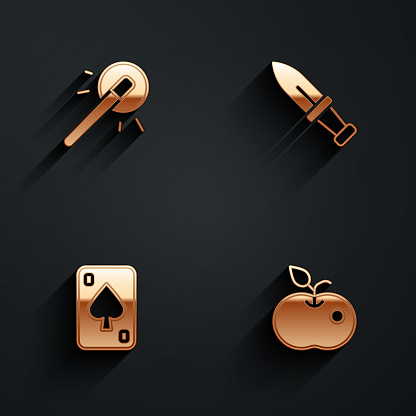 Set Magic wand Dagger Playing cards and Poison apple icon with long shadow. Vector.