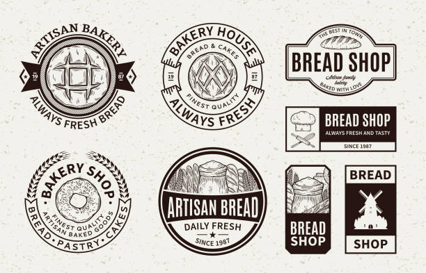 Bakery and bread shop logo and design elements Set of vector bakery and bread shop logo, badges and icons bakery silhouettes stock illustrations