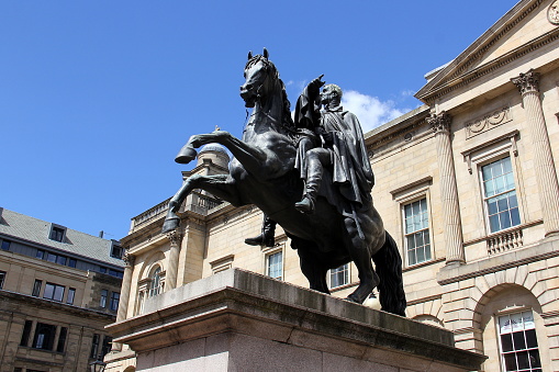 Equestrian statue of the Duke of Wellington, by the sculptor John Steell, unveiled in 1852, located outside Register House at Princes Street, Edinburgh, Scotland, UK