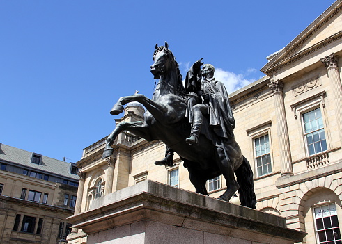 Equestrian statue of the Duke of Wellington, by the sculptor John Steell, unveiled in 1852, located outside Register House at Princes Street, Edinburgh, Scotland, UK