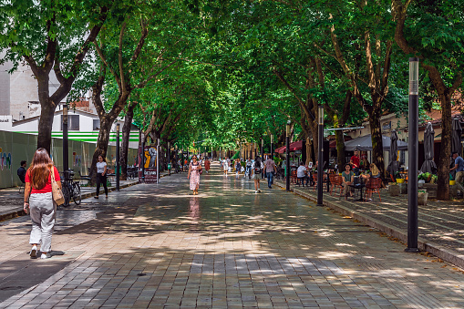 Tirana, Albania - June 21, 2021: Pedestrian street Shetitorja Murat Toptani in Tirana. People sit at tables in an open-air cafes and walk along the road among green trees on a hot summer day