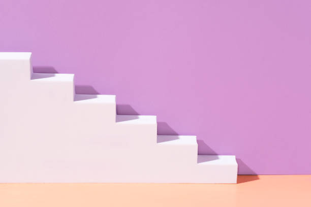 istock Mockup, background with stairs. Architectural element with bright sunlight and trendy shadows for graphic design, minimalism. Trend of colors 2022:  very peri purple and calming coral, vertical format 1370176482