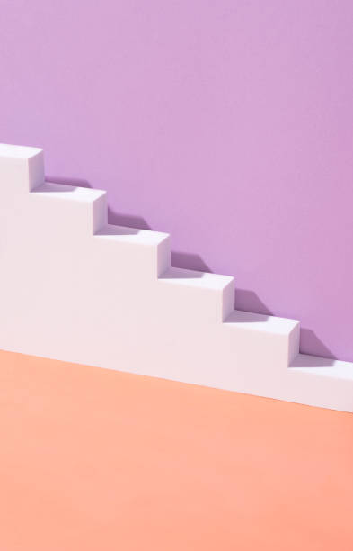 istock Mockup, background with stairs. Architectural element with bright sunlight and trendy shadows for graphic design, minimalism. Trend of colors 2022:  very peri purple and calming coral, vertical format 1370176489