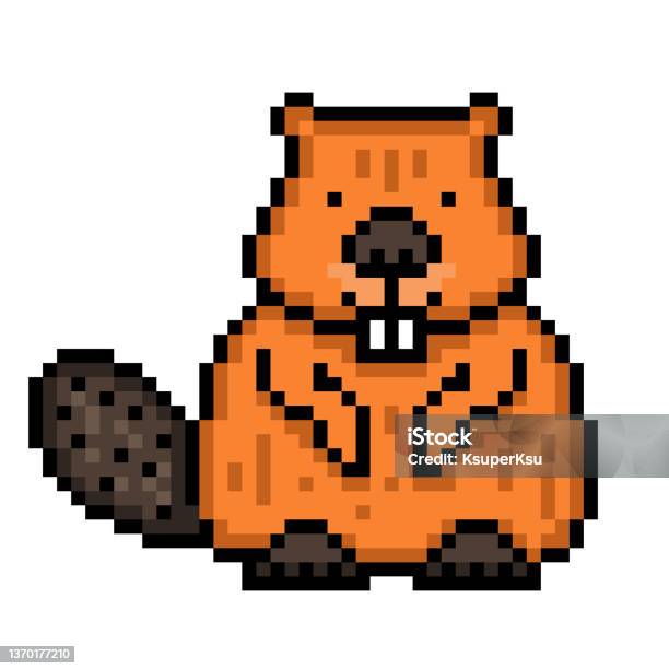 Pixel Art Sitting Beaver Icon Isolated On White Background 8 Bit Funny  Forest Animal Character Logo