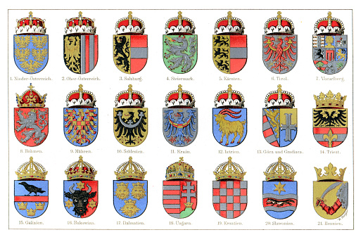 Badges of different regions in Europe
Original edition from my own archives
Source : 1898 Brockhaus