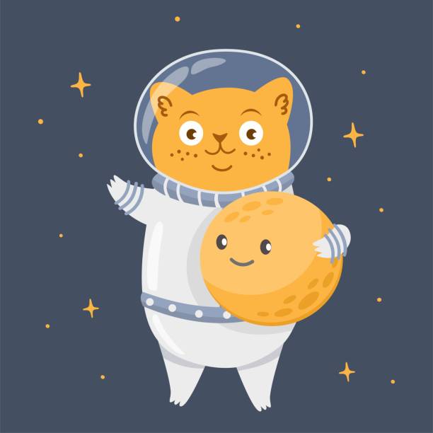 Cute vector print for kids clothes Cute vector print for kids clothes. Red cat astronaut holds the moon in his hands. domestic cat greece stock illustrations
