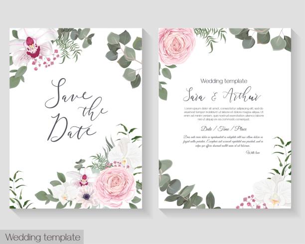 Vector floral template for wedding invitations Vector floral template for wedding invitations. Pink roses, white orchids, berries, gypsophila, eucalyptus, green plants and flowers. Postcard for your text. campanula nobody green the natural world stock illustrations