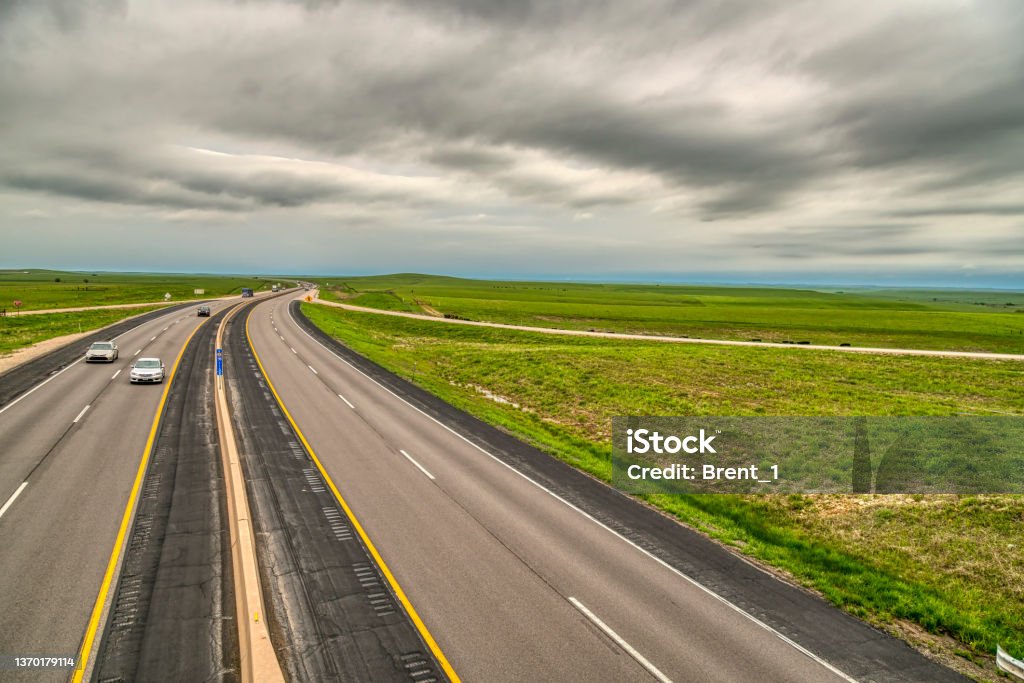 Kansas Flint Hills and I-70 Green pasture land in the Flint Hills of Kansas Agricultural Field Stock Photo