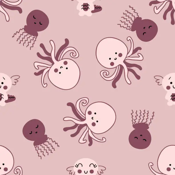 Vector illustration of Hand drawn seamless pattern with axolotls, octopus and jellyfish. Perfect for T-shirt, textile and print. Doodle vector illustration for decor and design.