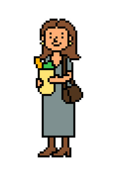 szczęśliwa kobieta po zakupach w supermarkecie niosąca papierową torbę z jedzeniem, postać pixel art wyizolowana na białym tle. klient sklepu spożywczego, postać dziewczyny. 8-bitowy automat do gier, grafika gier wideo. - female 80 plus years vertical people stock illustrations