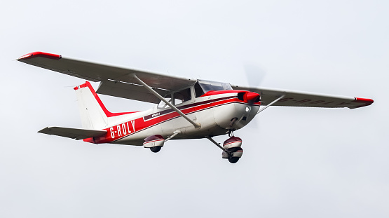Leeds Bradford Airport, United Kingdom - 11 February, 2022: Cessna F172N Skyhawk  (G-ROLY) arriving.
