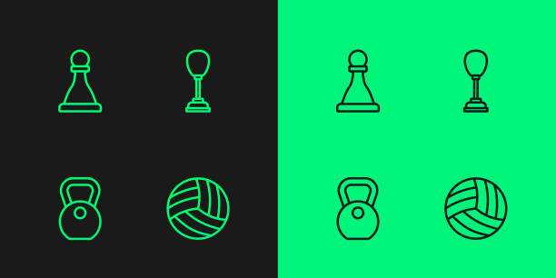 Set line Volleyball ball, Weight, Chess and Punching bag icon. Vector Set line Volleyball ball Weight Chess and Punching bag icon. Vector. evolution volleyball stock illustrations