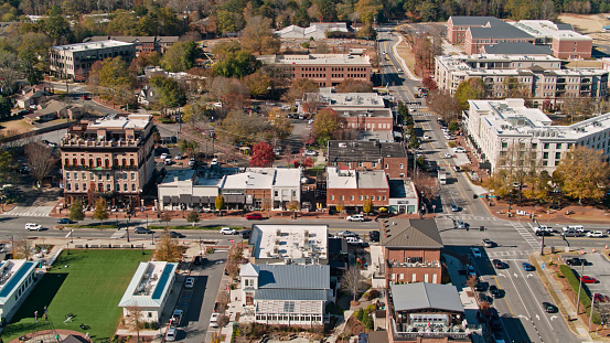 Aerial shot of Alpharetta, a city in the Atlanta metropolitan area in Georgia on a sunny day in Fall.