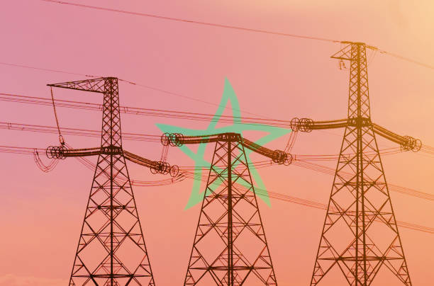 istock Double exposure - power line, tower and flag Morocco 1370184032
