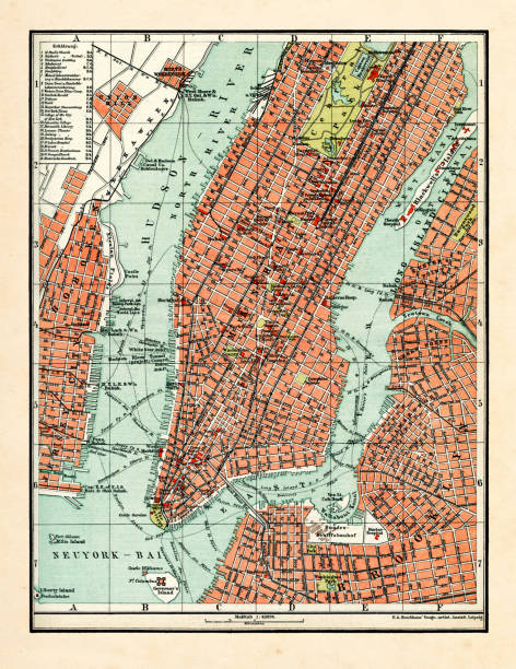 ilustraciones, imágenes clip art, dibujos animados e iconos de stock de mapa antiguo de la ciudad de nueva york 1898 - manhattan