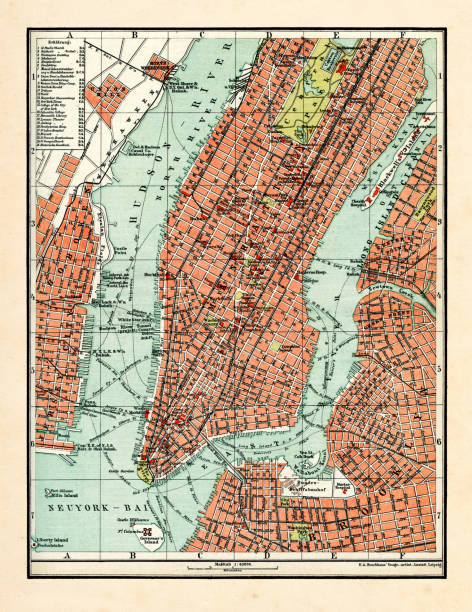 античная карта нью-йорка 1898 - manhattan stock illustrations