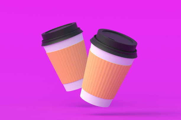 istock Disposable paper coffee cups with black lid and sleeve. 3d render 1370184235