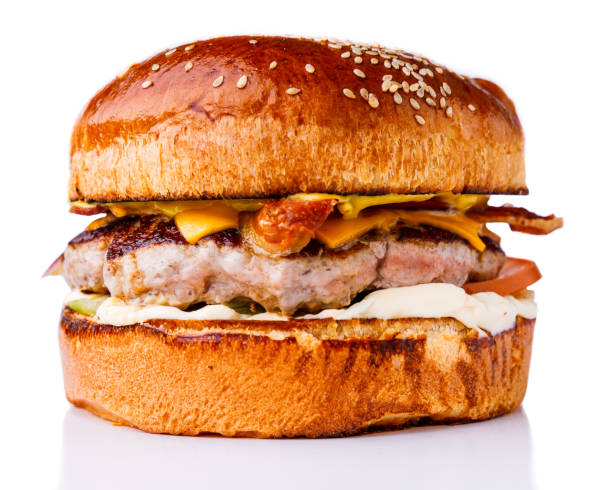 fresh hamburger with beef patty on white background for menu3 - hamburger burger symmetry cheeseburger imagens e fotografias de stock
