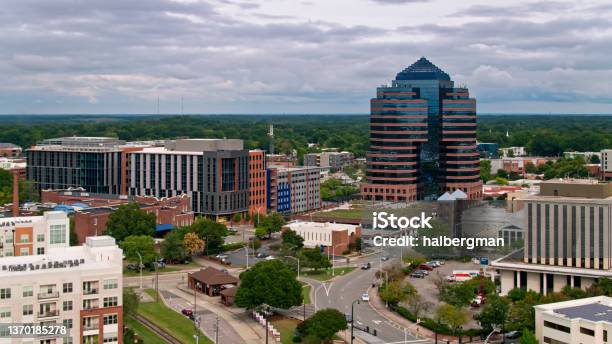 Aerial View Of University And Office Buildings In Durham Nc Stock Photo - Download Image Now