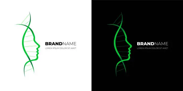 Vector illustration of DNA molecule with woman face profile for medical beauty care cosmetic logo design. Medicine gene helix structure for regenerate cream and anti-aging vitamin complex logotype vector concept