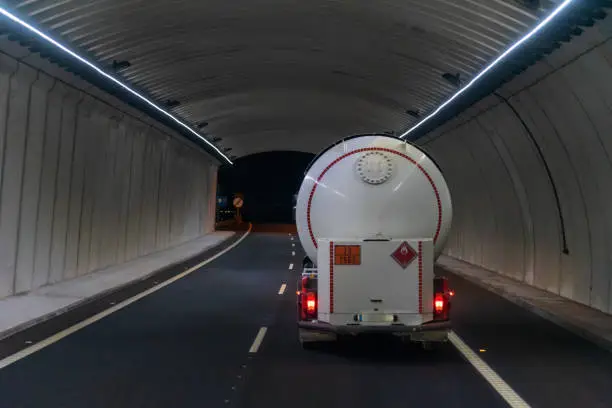 Photo of Tanker truck with dangerous goods, flammable gases, circulating inside a tunnel