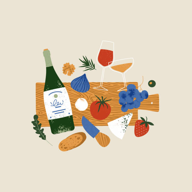 ilustraciones, imágenes clip art, dibujos animados e iconos de stock de tabla de snacks de vino antipasti. botella de vino y copas. recolección de alimentos varios. - italian cuisine illustrations