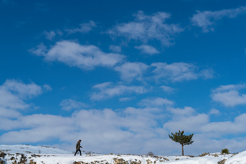 dağ zirvesinde bulunan tek ağaç ve ağaca doğru yürüyen adam görüntüsü. parçalı bulutlu mavi gök ve aşağıda dikine uzanan kayalıklar birlikte fotoğraflanmıştır. full frame makine ile çekilmiştir.